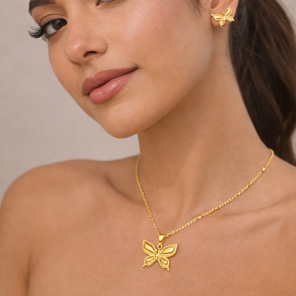 ✨ 18K Gold Plated Butterfly Necklace & Stud Earrings Set | Stainless Steel